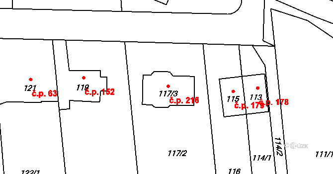 Bystrovany 216 na parcele st. 117/3 v KÚ Bystrovany, Katastrální mapa