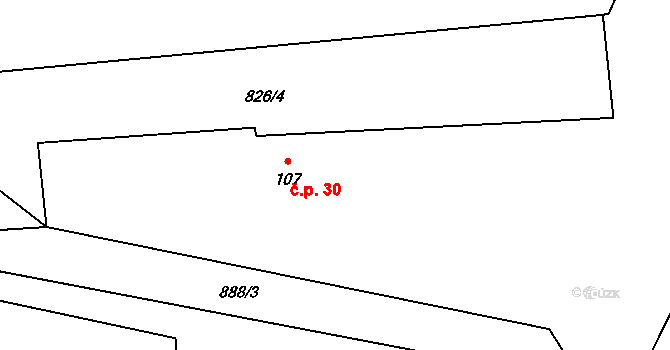 Doksany 30 na parcele st. 107 v KÚ Doksany, Katastrální mapa