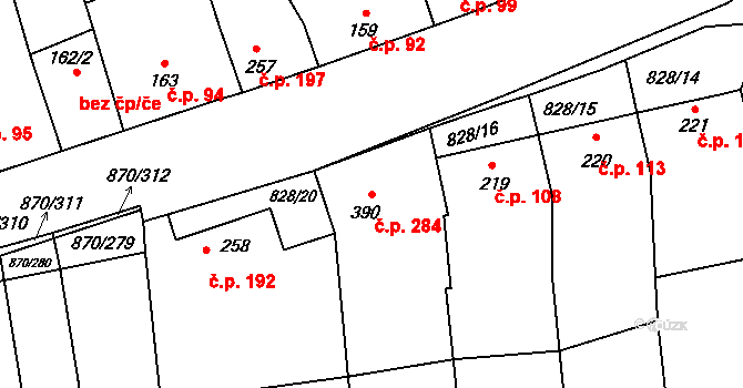 Louky 284, Zlín na parcele st. 390 v KÚ Louky nad Dřevnicí, Katastrální mapa