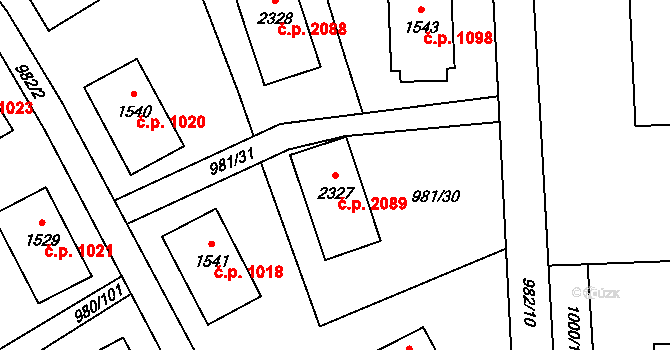 Zlín 2089 na parcele st. 2327 v KÚ Zlín, Katastrální mapa