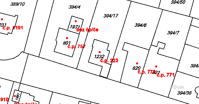 Kateřinky 223, Opava na parcele st. 1232 v KÚ Kateřinky u Opavy, Katastrální mapa