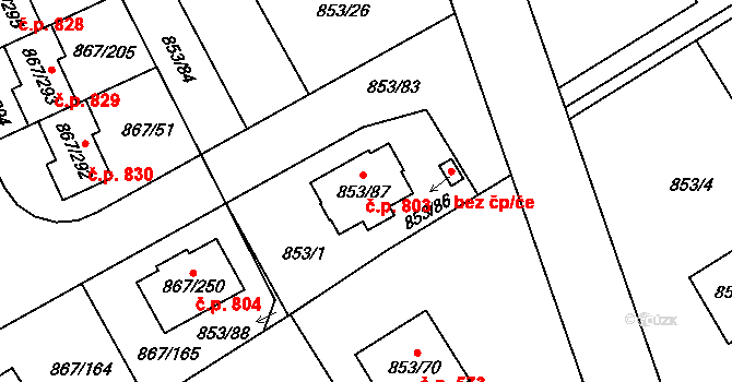 Lázně Bohdaneč 803 na parcele st. 853/87 v KÚ Lázně Bohdaneč, Katastrální mapa