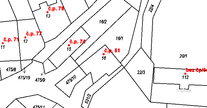 Podlažice 51, Chrast na parcele st. 16 v KÚ Podlažice, Katastrální mapa