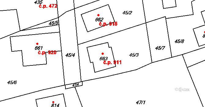 Rudná 911 na parcele st. 663 v KÚ Dušníky u Rudné, Katastrální mapa