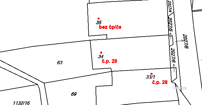 Březín 29, Nečtiny na parcele st. 34 v KÚ Březín, Katastrální mapa