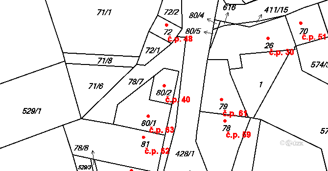Donín 40, Toužetín na parcele st. 80/2 v KÚ Donín, Katastrální mapa