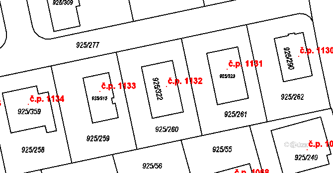 Srubec 1132 na parcele st. 925/322 v KÚ Srubec, Katastrální mapa