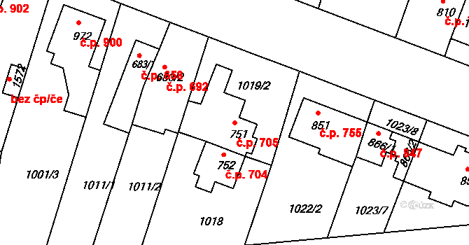 Bystřice pod Hostýnem 705 na parcele st. 751 v KÚ Bystřice pod Hostýnem, Katastrální mapa