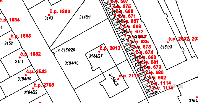 Znojmo 2813 na parcele st. 3184/27 v KÚ Znojmo-město, Katastrální mapa