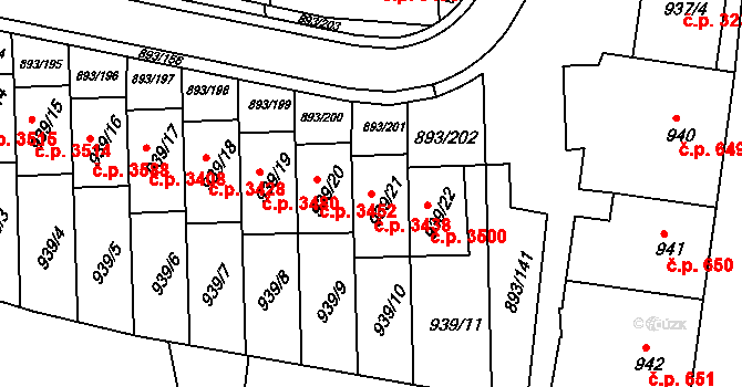 Znojmo 3438 na parcele st. 939/21 v KÚ Znojmo-město, Katastrální mapa