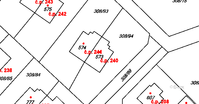 Kamenný Přívoz 240 na parcele st. 573 v KÚ Kamenný Přívoz, Katastrální mapa