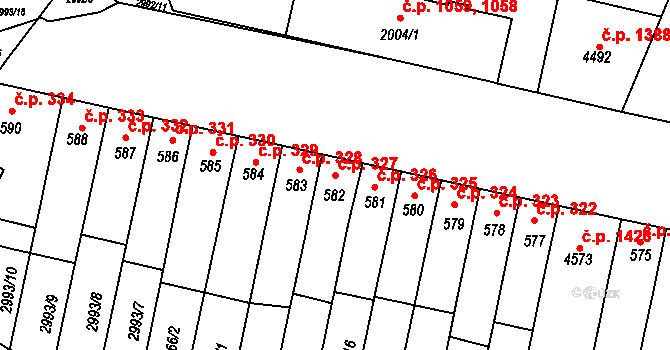 Kyjov 327 na parcele st. 582 v KÚ Kyjov, Katastrální mapa