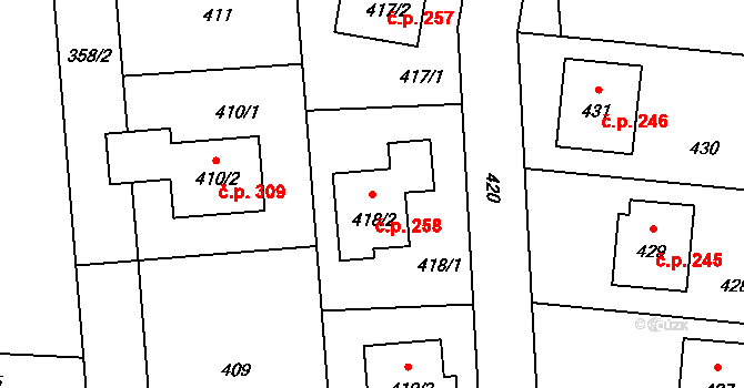 Neveklov 258 na parcele st. 418/2 v KÚ Neveklov, Katastrální mapa