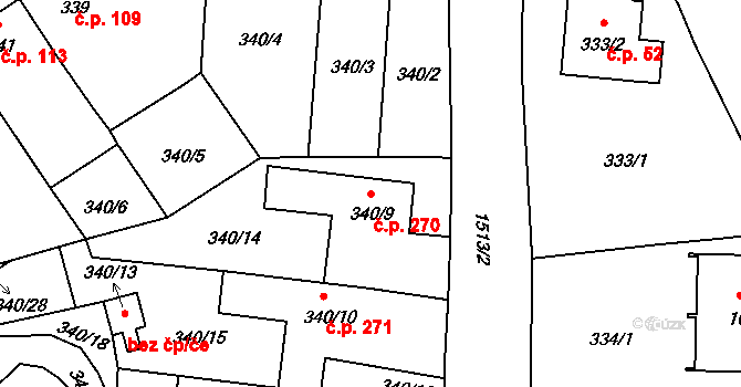 Mochov 270 na parcele st. 340/9 v KÚ Mochov, Katastrální mapa