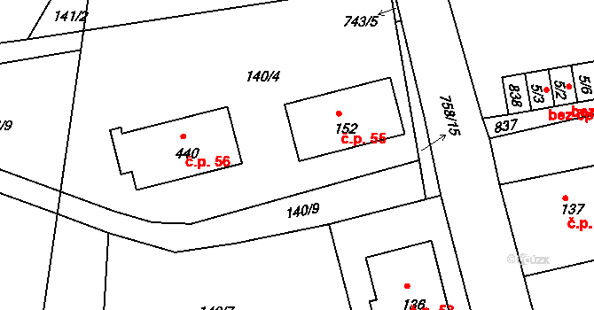 Vlastibořice 55 na parcele st. 152 v KÚ Vlastibořice, Katastrální mapa