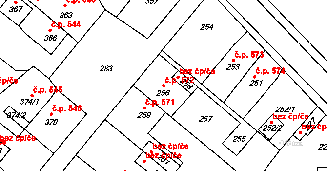 Vinařice 572 na parcele st. 256 v KÚ Vinařice u Kladna, Katastrální mapa