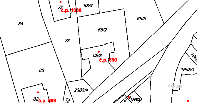 Velká Bystřice 690 na parcele st. 68/3 v KÚ Velká Bystřice, Katastrální mapa