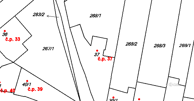 Třebín 37, Dubné na parcele st. 37 v KÚ Třebín, Katastrální mapa