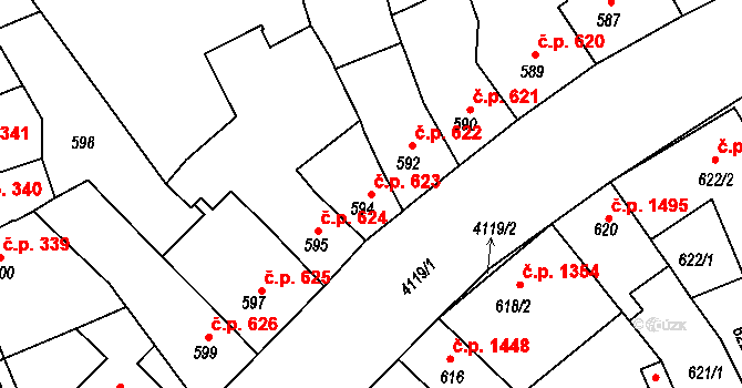 Roudnice nad Labem 623 na parcele st. 594 v KÚ Roudnice nad Labem, Katastrální mapa