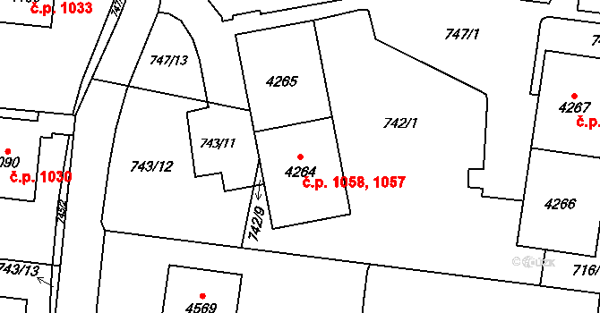 Žamberk 1057,1058 na parcele st. 4264 v KÚ Žamberk, Katastrální mapa