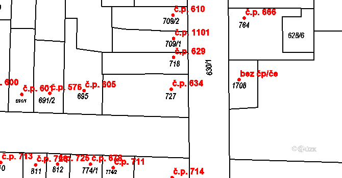 Lysá nad Labem 634 na parcele st. 727 v KÚ Lysá nad Labem, Katastrální mapa
