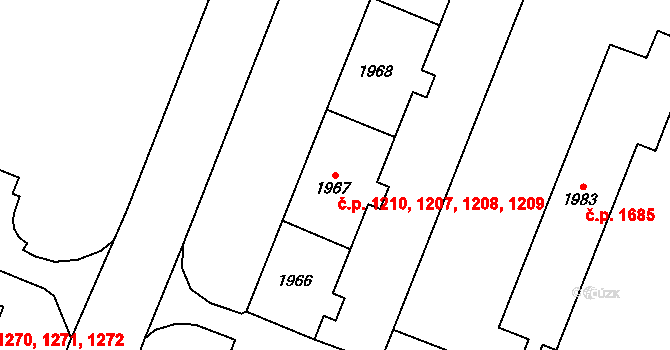 Kadaň 1207,1208,1209,1210 na parcele st. 1967 v KÚ Kadaň, Katastrální mapa