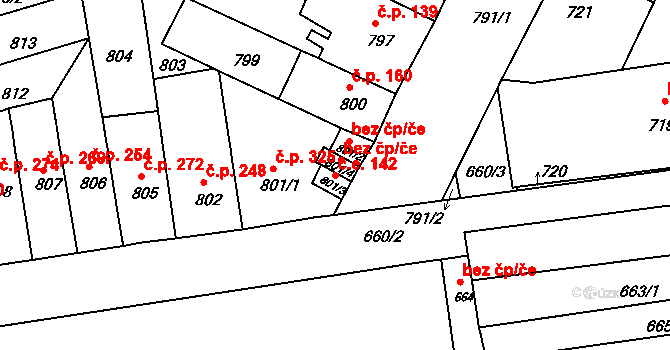 Komárov 142, Brno na parcele st. 801/3 v KÚ Komárov, Katastrální mapa