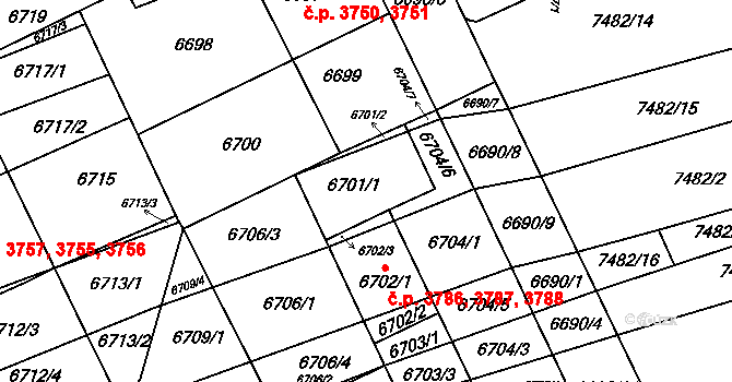 Židenice 3786,3787,3788, Brno na parcele st. 6701/1 v KÚ Židenice, Katastrální mapa