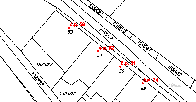 Dynín 52 na parcele st. 54 v KÚ Dynín, Katastrální mapa