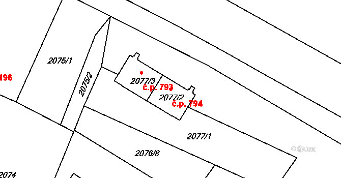 České Budějovice 2 794, České Budějovice na parcele st. 2077/2 v KÚ České Budějovice 2, Katastrální mapa