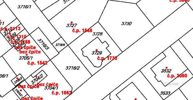 Chomutov 1733 na parcele st. 3729 v KÚ Chomutov I, Katastrální mapa