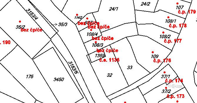 Ivančice 1136 na parcele st. 1359 v KÚ Ivančice, Katastrální mapa