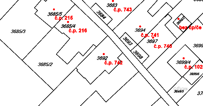 Fryštát 742, Karviná na parcele st. 3692 v KÚ Karviná-město, Katastrální mapa
