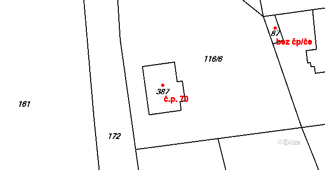 Hrádek 70, Srch na parcele st. 387 v KÚ Hrádek u Pardubic, Katastrální mapa
