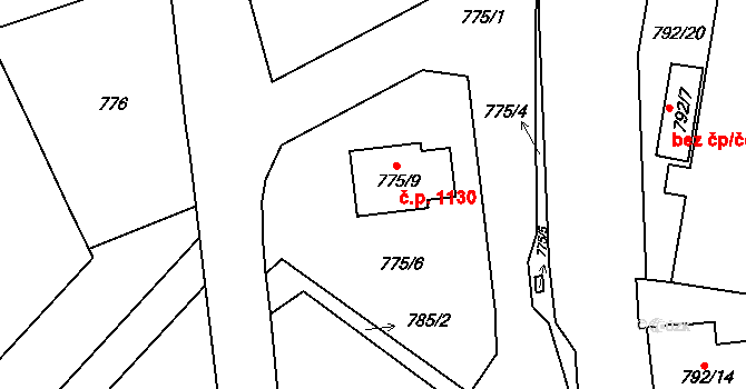 Třemošná 1130 na parcele st. 775/9 v KÚ Třemošná, Katastrální mapa