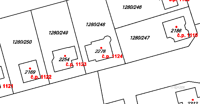 Dobřany 1124 na parcele st. 2278 v KÚ Dobřany, Katastrální mapa