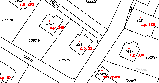 Čerčany 223 na parcele st. 981 v KÚ Čerčany, Katastrální mapa