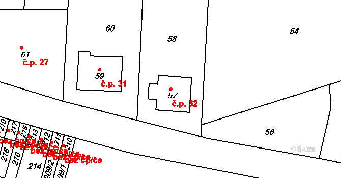 Střemchoví 32, Dolní Loučky na parcele st. 57 v KÚ Střemchoví, Katastrální mapa