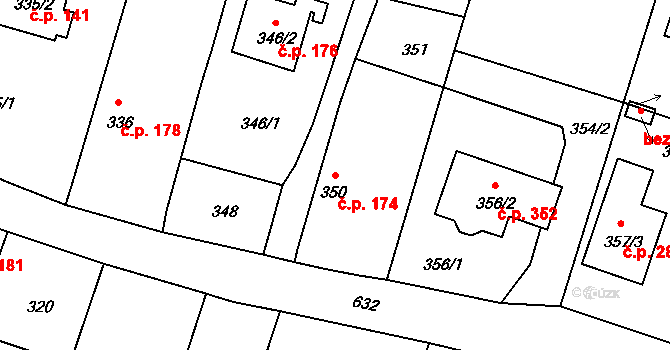 Oldřišov 174 na parcele st. 350 v KÚ Oldřišov, Katastrální mapa