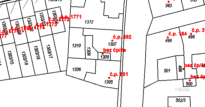 Kladno 44422385 na parcele st. 1308 v KÚ Motyčín, Katastrální mapa