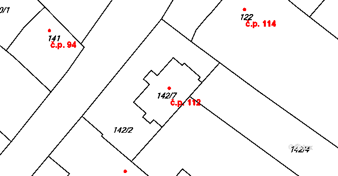 Třebom 112 na parcele st. 142/7 v KÚ Třebom, Katastrální mapa