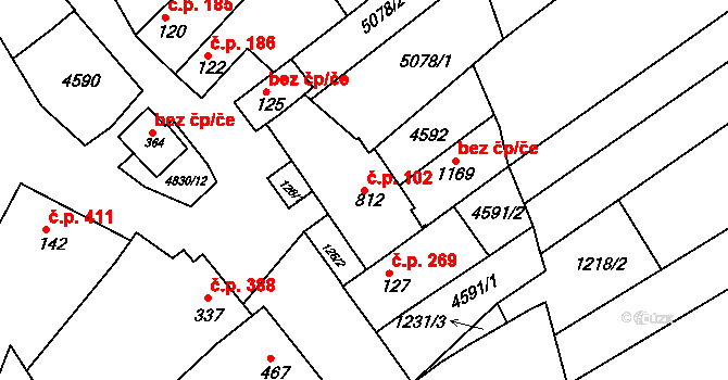 Boršice 102 na parcele st. 812 v KÚ Boršice u Buchlovic, Katastrální mapa