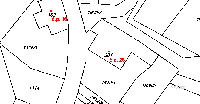 Kvasín 26, Tisovec na parcele st. 204 v KÚ Kvasín, Katastrální mapa
