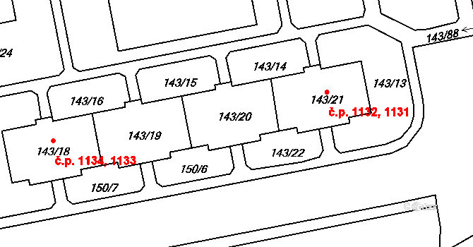 Nýřany 1131,1132 na parcele st. 143/21 v KÚ Nýřany, Katastrální mapa