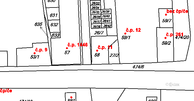 Rudná 11 na parcele st. 58 v KÚ Dušníky u Rudné, Katastrální mapa