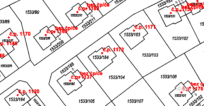 Řeporyje 1172, Praha na parcele st. 1533/184 v KÚ Řeporyje, Katastrální mapa