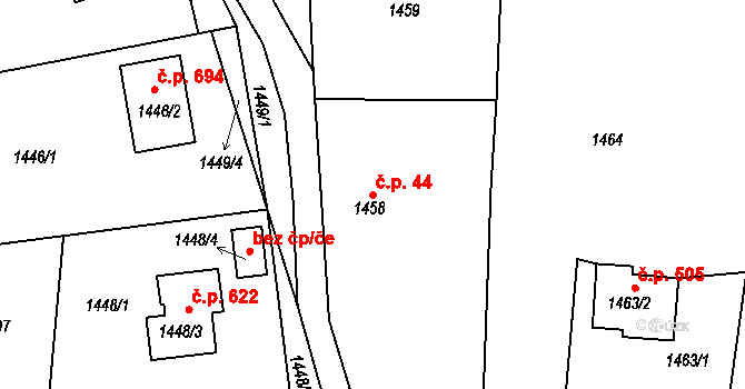 Vikýřovice 44 na parcele st. 1458 v KÚ Vikýřovice, Katastrální mapa