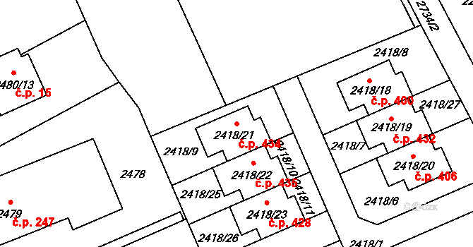 Dolní Suchá 434, Havířov na parcele st. 2418/21 v KÚ Dolní Suchá, Katastrální mapa