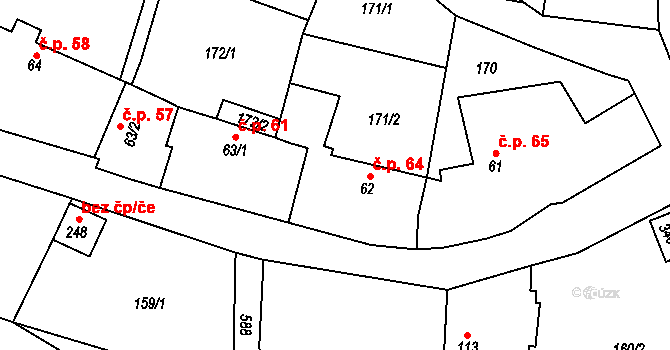 Krušovice 64 na parcele st. 62 v KÚ Krušovice, Katastrální mapa