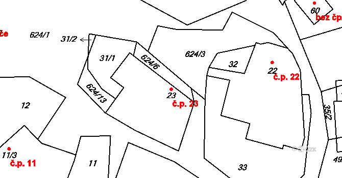Branišov 23, Vyskytná na parcele st. 23 v KÚ Branišov pod Křemešníkem, Katastrální mapa